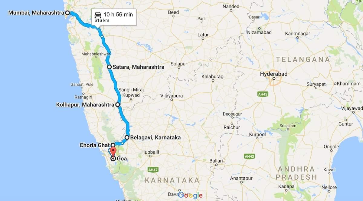 Mumbai to goa road map